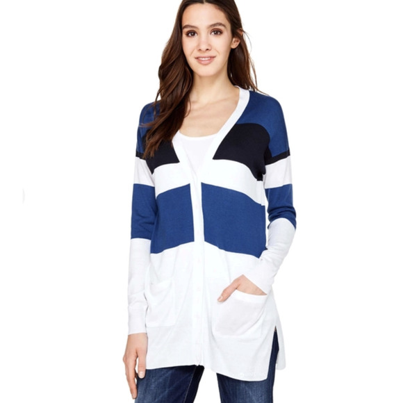United Colors of Benetton White & Blue Striped Cardigan Sweater - Picture 1 of 7